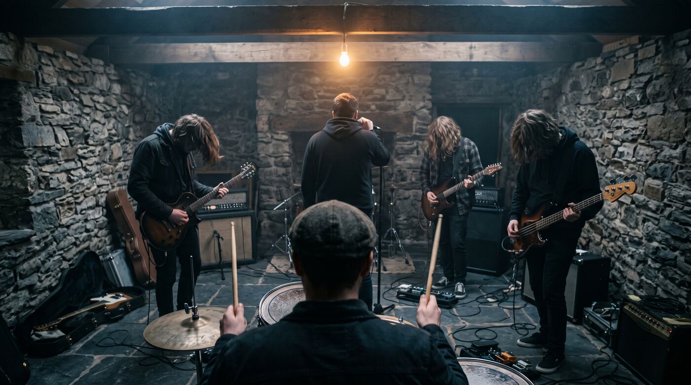 A rehearsal in a stone bothy lit by one bulb, the drummer seen from behind, guitarists with hair over their faces.