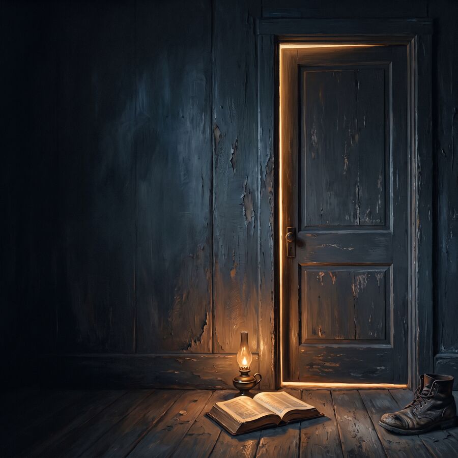 A dark wooden hallway at night. A boy’s bedroom door stands ajar with warm light at its edge; an oil lamp and an open Bible sit on the floor beside it, next to a man’s boot.