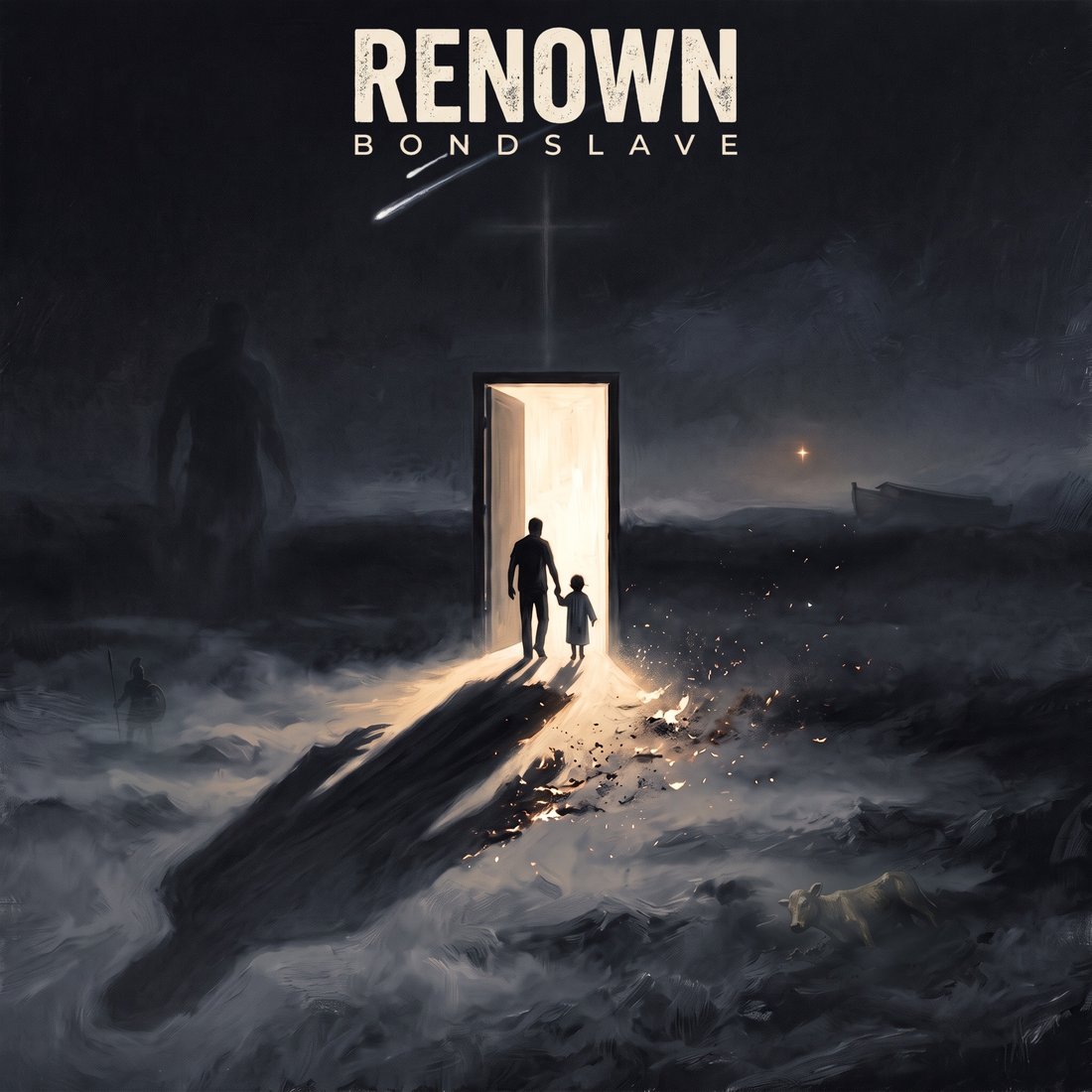 RENOWN cover: on a dark, fog-covered plain, a father and his small son walk hand in hand into a doorway of light, under a falling star, with a faint cross in the sky and a tall shadow in the mist. The title RENOWN is at the top in bone-white letters.