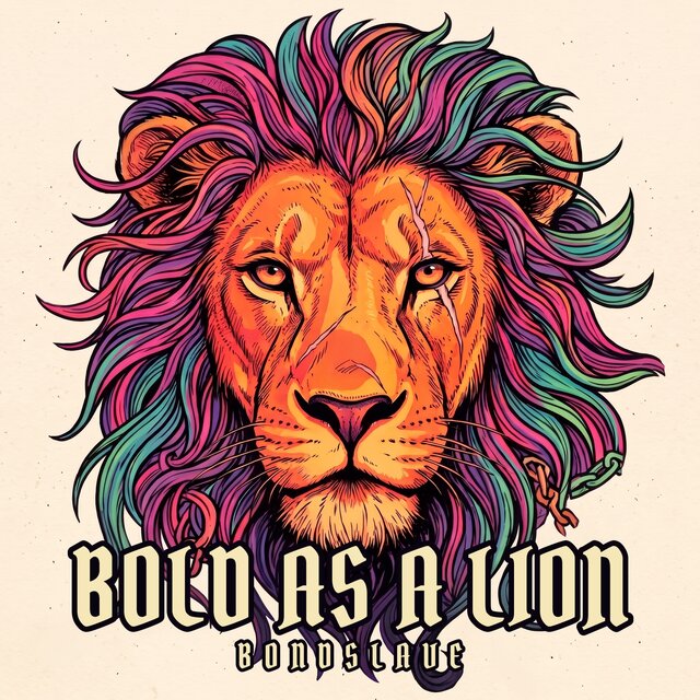 Bright hand-inked cover for Bold as a Lion: a fierce but kind lion's face with healed scars on its brow and nose, its mane in magenta, violet and teal, a broken chain at its jaw, on cream paper.
