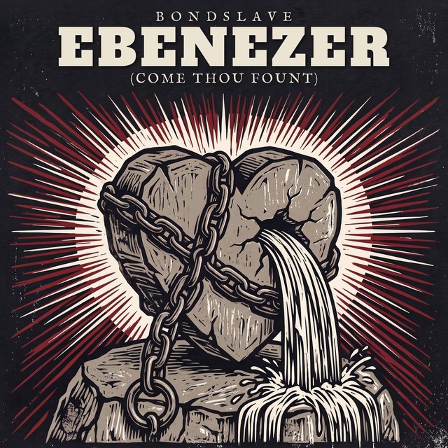 Linocut-style cover for Ebenezer: a heart-shaped stone wrapped in a broken chain, with water pouring from its cleft and red rays of light spreading behind it.