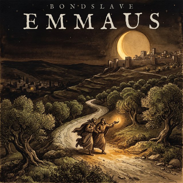 Engraved-style cover for Emmaus: two travellers walk a winding night road through olive trees towards a walled hill town under a crescent moon, while a stranger beside them holds out a glowing hand.