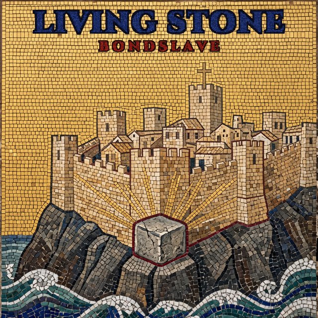 Mosaic-style cover for Living Stone: a walled fortress city on a rocky headland above blue waves, with a cross on its tower and a single squared cornerstone at the foot of the rock.