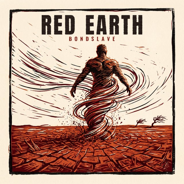 Linocut-style cover for Red Earth: a man made of swirling red dust rises like a whirlwind from cracked red ground, under wind-swept lines, with bare trees on the horizon.