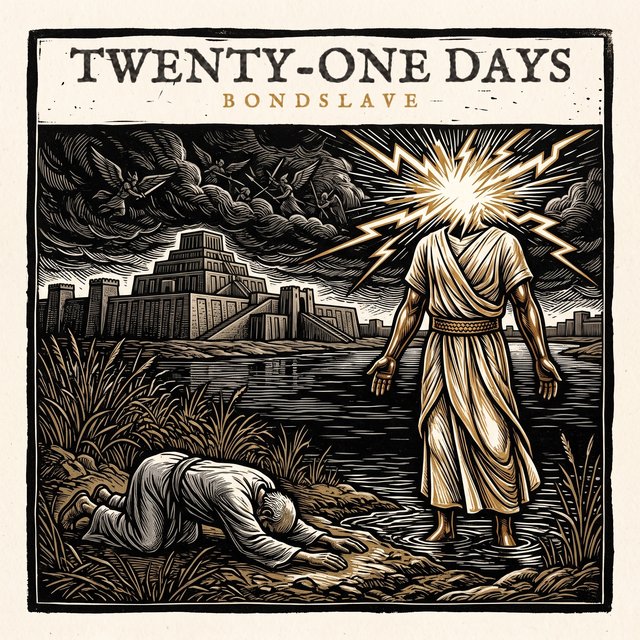 Woodcut-style cover for Twenty-One Days: a man lies face down in prayer by a river while a radiant, lightning-crowned figure in a robe stands over the water, with a ziggurat behind and a storm of angels in the sky.