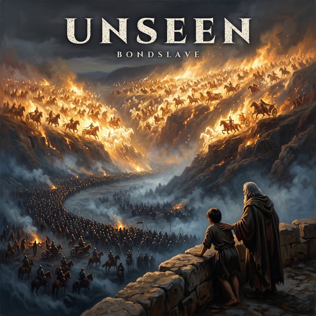 Painting from a town wall: an old prophet rests his hand on his young servant's shoulder as they look down at an army filling the valley, while the hills above blaze with horses and chariots of fire.