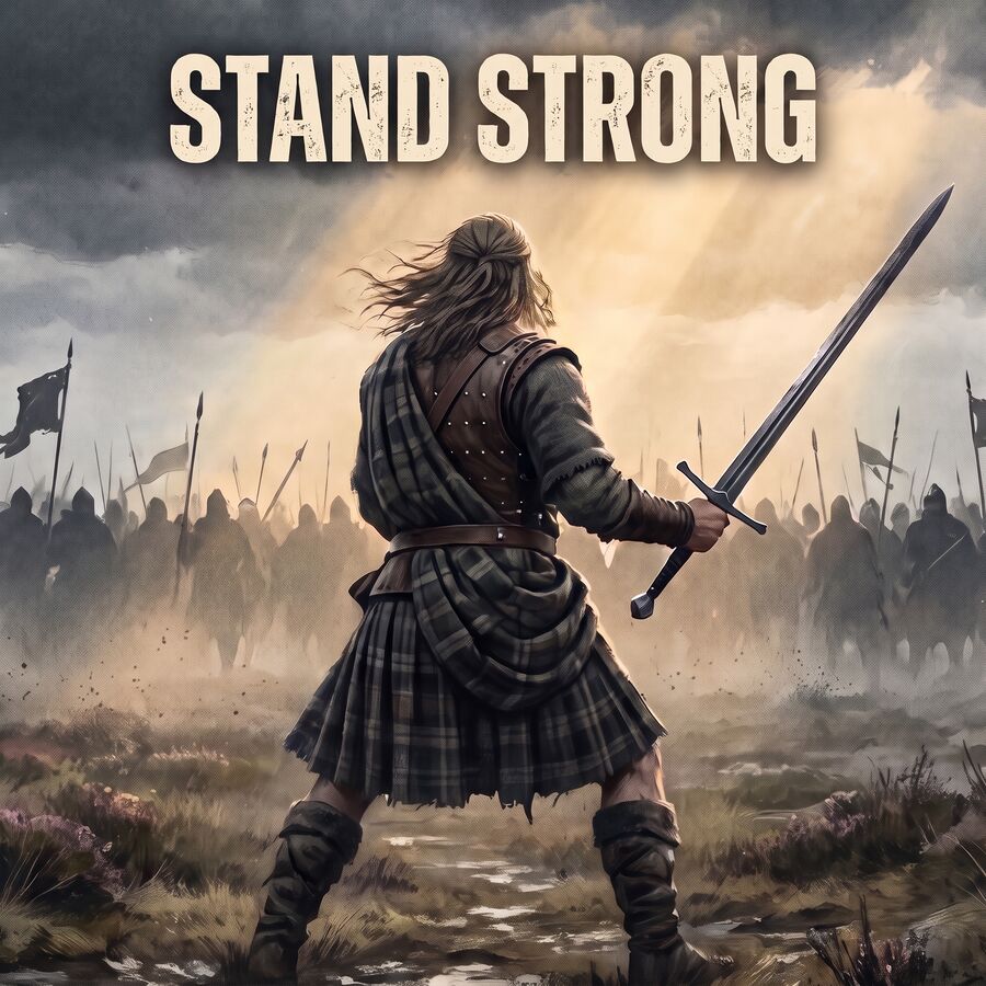 Stand Strong single cover: a lone Highland warrior in a kilt, seen from behind, plants his feet in the heather and raises a claymore towards a vast army across a misty glen, as a shaft of gold light breaks through the storm.
