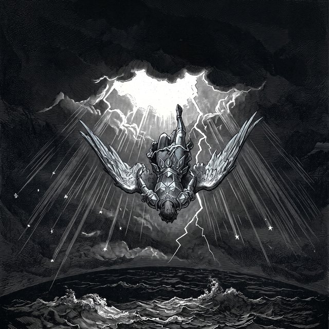Black-and-white wood engraving: an armoured angel with swept-back wings plunges headfirst out of a break in a stormy sky, lightning beside him and stars falling with him toward a dark sea.