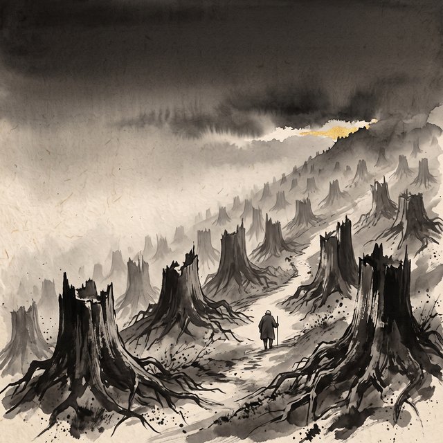 Ink-wash painting of a hillside of huge cut-down tree stumps with torn roots, where one old man with a staff walks a pale path towards a small tear of gold in the storm cloud.