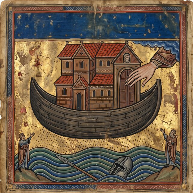 A gold-leaf page from an old illustrated Bible: the hand of God reaches from a cloud and shuts the door of the ark, while the last hilltops sink beneath the flood.