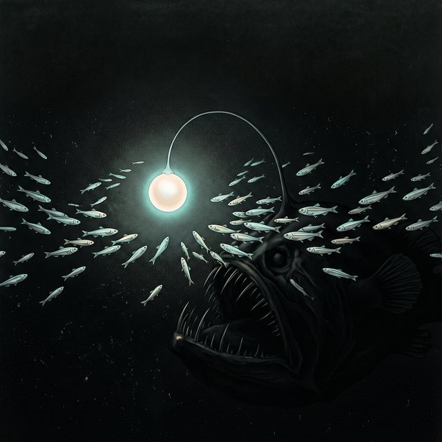 A glowing pearl-white lure hangs on a thin stalk in black deep water, drawing a shoal of small silver fish toward the open, toothed jaws of a dark anglerfish.