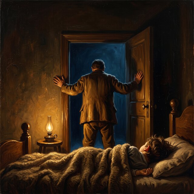 Oil painting from inside a boy’s lamplit room: the boy sleeps while his father fills the doorway with his back to him, both hands braced on the frame, facing the dark hall.